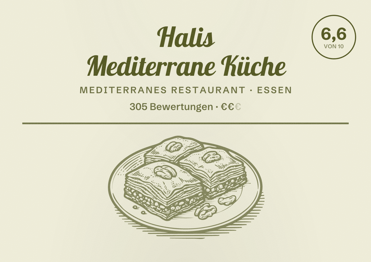 Illustriertes Poster von Halis Mediterrane Küche, Mediterranes Restaurant in Essen: Bewertung 6,6 von 10 aus 305 Bewertungen, Preisniveau €€
