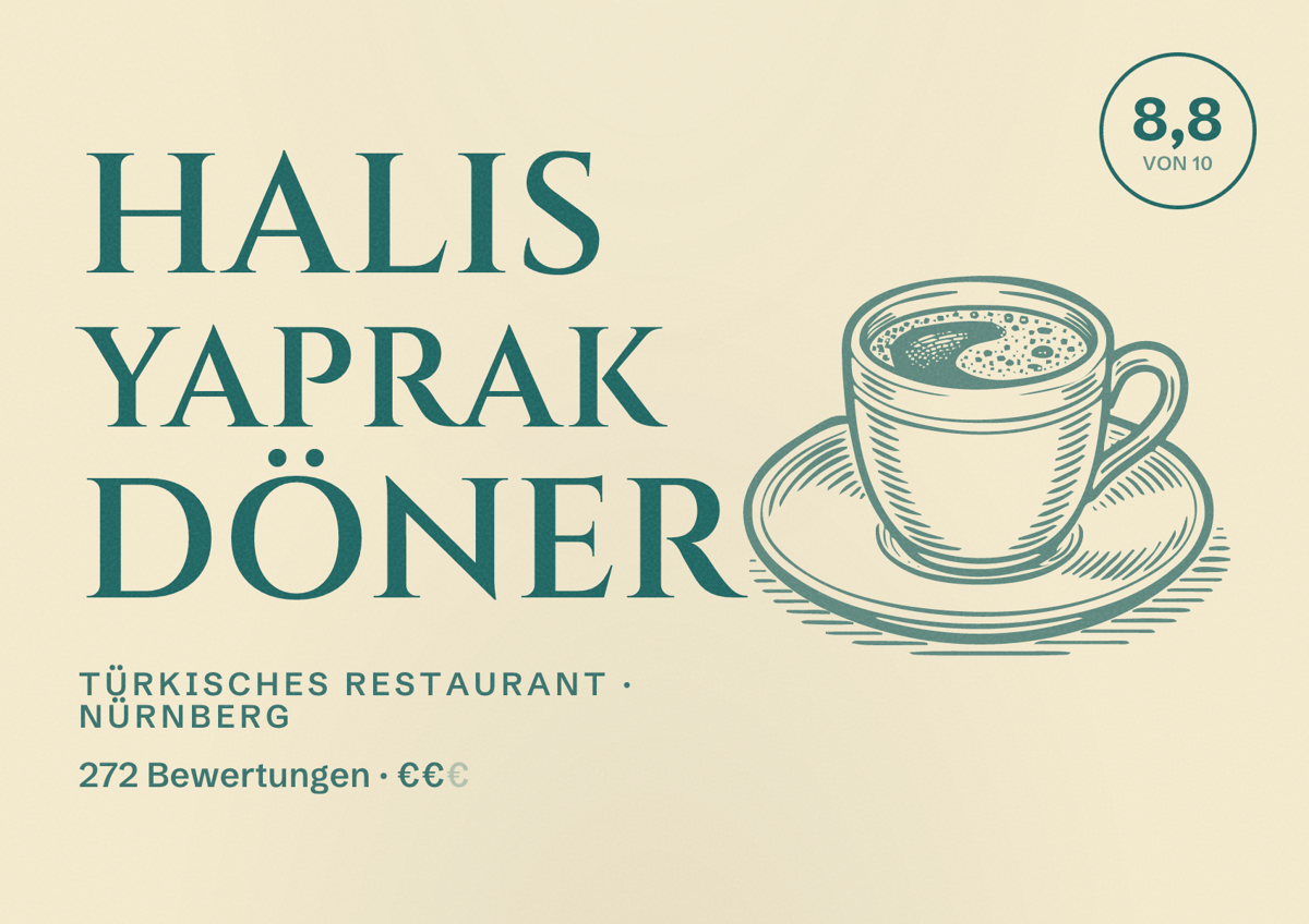 Illustriertes Poster von Halis Yaprak Döner, Türkisches Restaurant in Nürnberg: Bewertung 8,8 von 10 aus 272 Bewertungen, Preisniveau €€