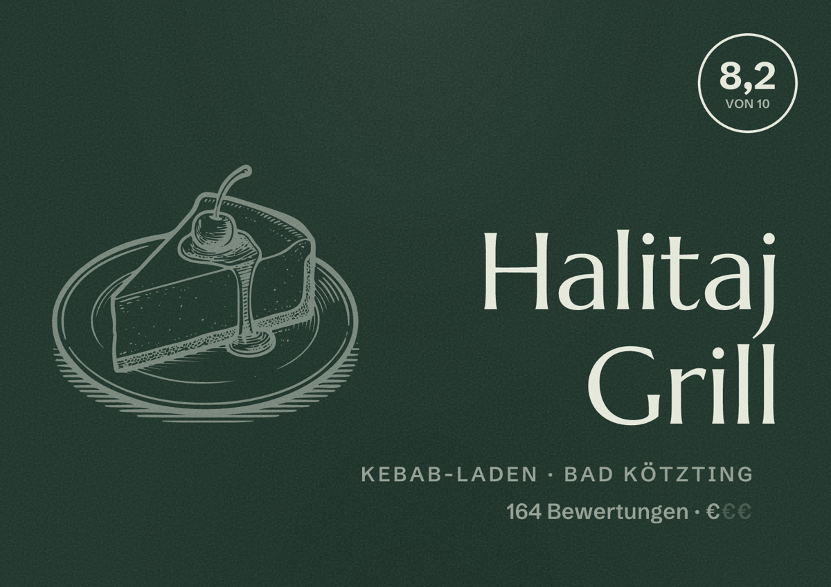Illustriertes Poster von Halitaj Grill, Kebab-Laden in Bad Kötzting: Bewertung 8,2 von 10 aus 164 Bewertungen, Preisniveau €