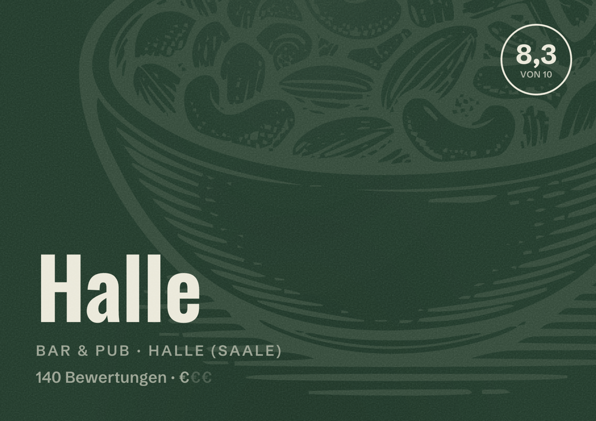 Illustriertes Poster von Halle, Bar & Pub in Halle (Saale): Bewertung 8,3 von 10 aus 140 Bewertungen, Preisniveau €