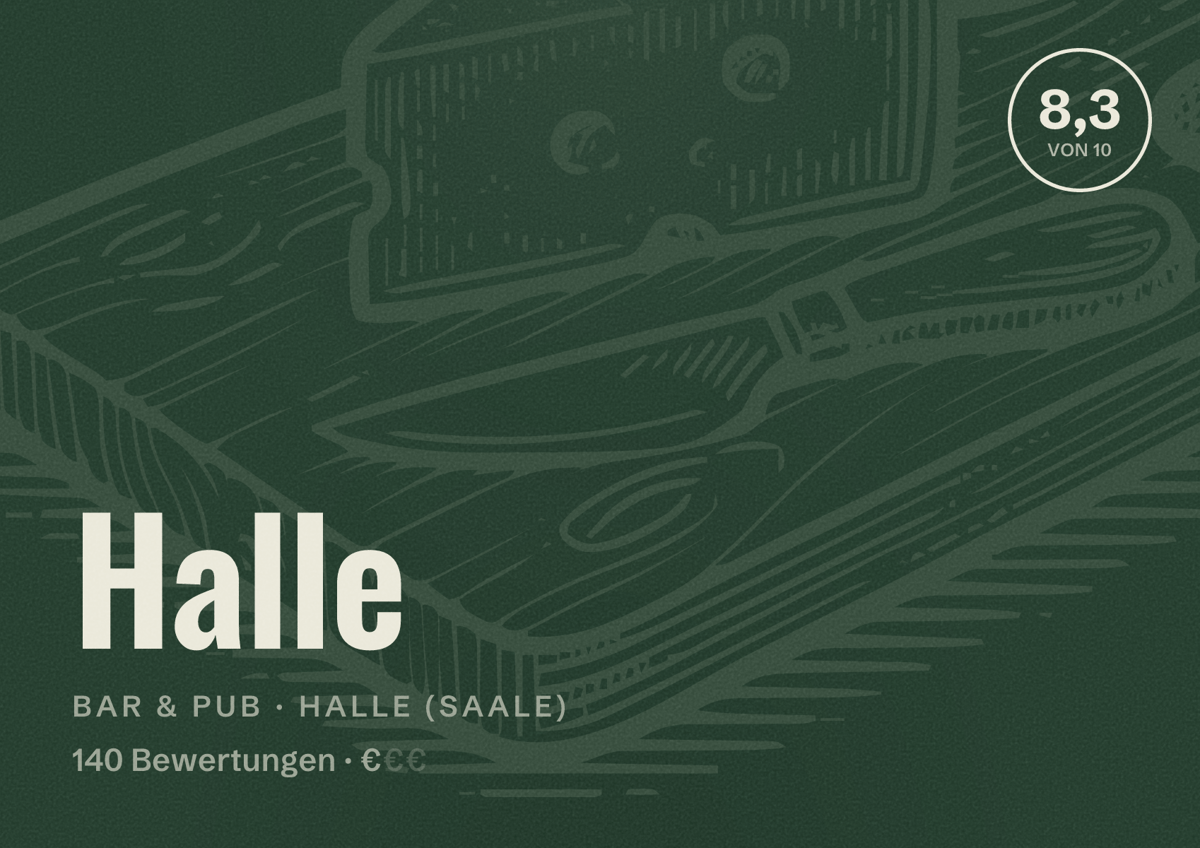 Illustriertes Poster von Halle, Bar & Pub in Halle (Saale): Bewertung 8,3 von 10 aus 140 Bewertungen, Preisniveau €