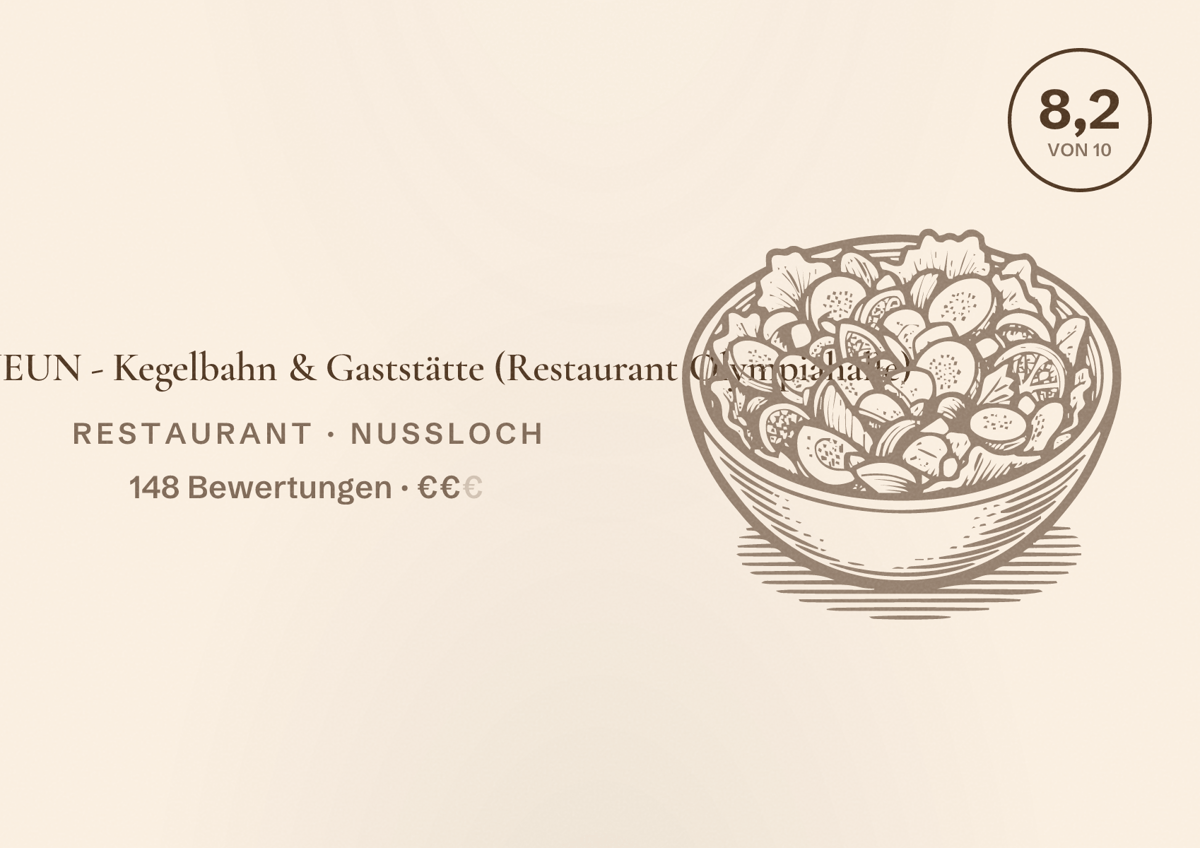 Illustriertes Poster von HALLE NEUN - Kegelbahn & Gaststätte (Restaurant Olympiahalle), Restaurant in Nußloch: Bewertung 8,2 von 10 aus 148 Bewertungen, Preisniveau €€
