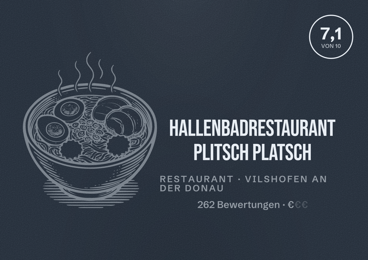Illustriertes Poster von Hallenbadrestaurant Plitsch Platsch, Restaurant in Vilshofen an der Donau: Bewertung 7,1 von 10 aus 262 Bewertungen, Preisniveau €