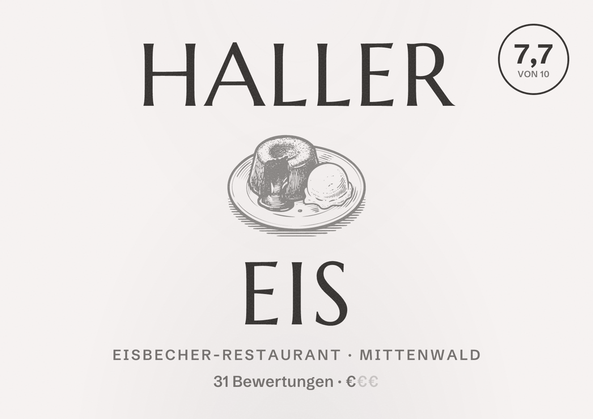 Illustriertes Poster von Haller Eis, Eisbecher-Restaurant in Mittenwald: Bewertung 7,7 von 10 aus 31 Bewertungen, Preisniveau €
