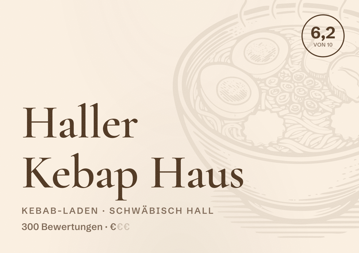 Illustriertes Poster von Haller Kebap Haus, Kebab-Laden in Schwäbisch Hall: Bewertung 6,2 von 10 aus 300 Bewertungen, Preisniveau €