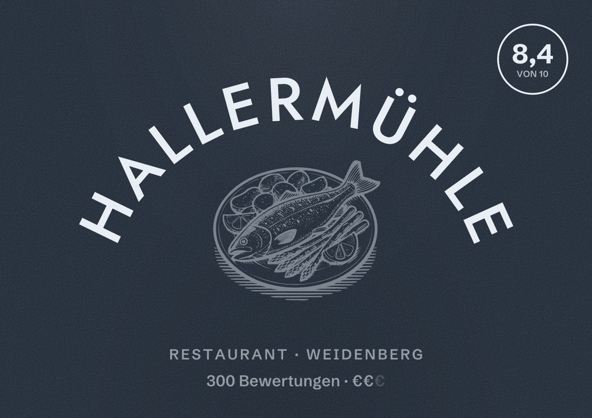 Illustriertes Poster von Hallermühle, Restaurant in Weidenberg: Bewertung 8,4 von 10 aus 300 Bewertungen, Preisniveau €€
