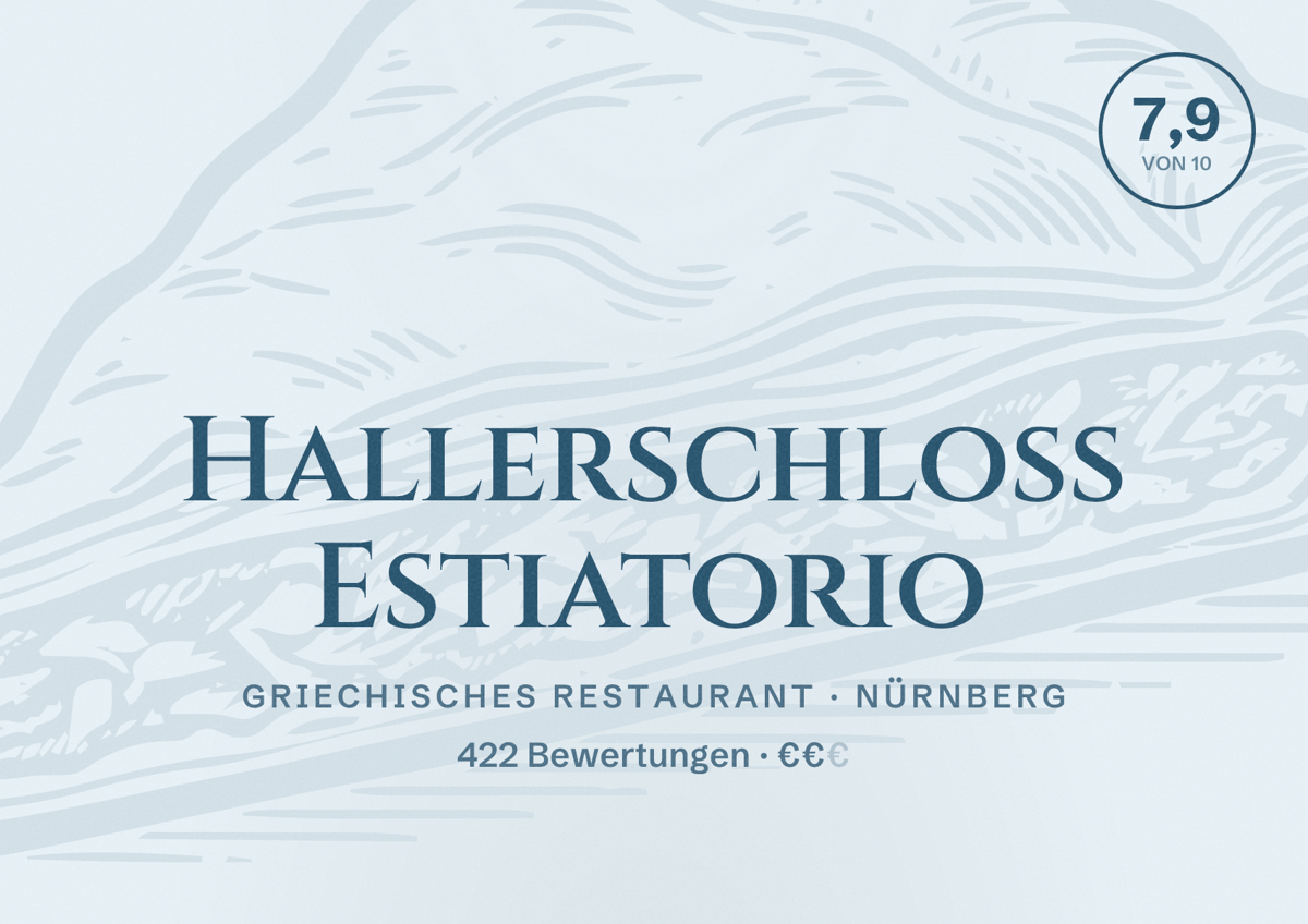 Illustriertes Poster von Hallerschloss Estiatorio, Griechisches Restaurant in Nürnberg: Bewertung 7,9 von 10 aus 422 Bewertungen, Preisniveau €€
