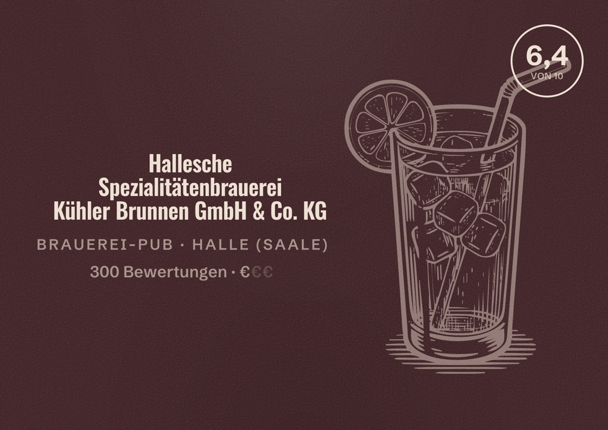 Illustriertes Poster von Hallesche Spezialitätenbrauerei Kühler Brunnen GmbH & Co. KG, Brauerei-Pub in Halle (Saale): Bewertung 6,4 von 10 aus 300 Bewertungen, Preisniveau €