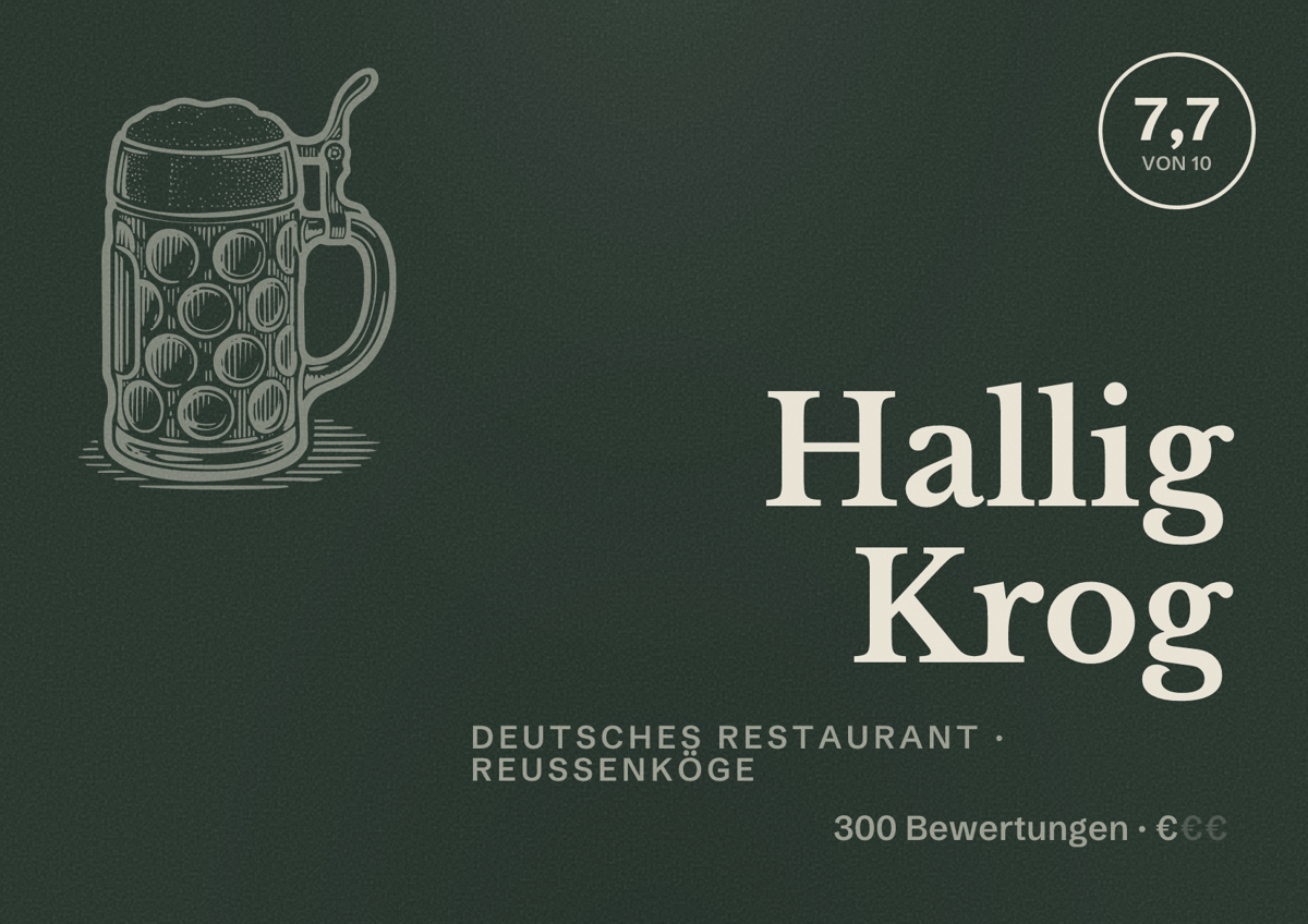 Illustriertes Poster von Hallig Krog, Deutsches Restaurant in Reußenköge: Bewertung 7,7 von 10 aus 300 Bewertungen, Preisniveau €