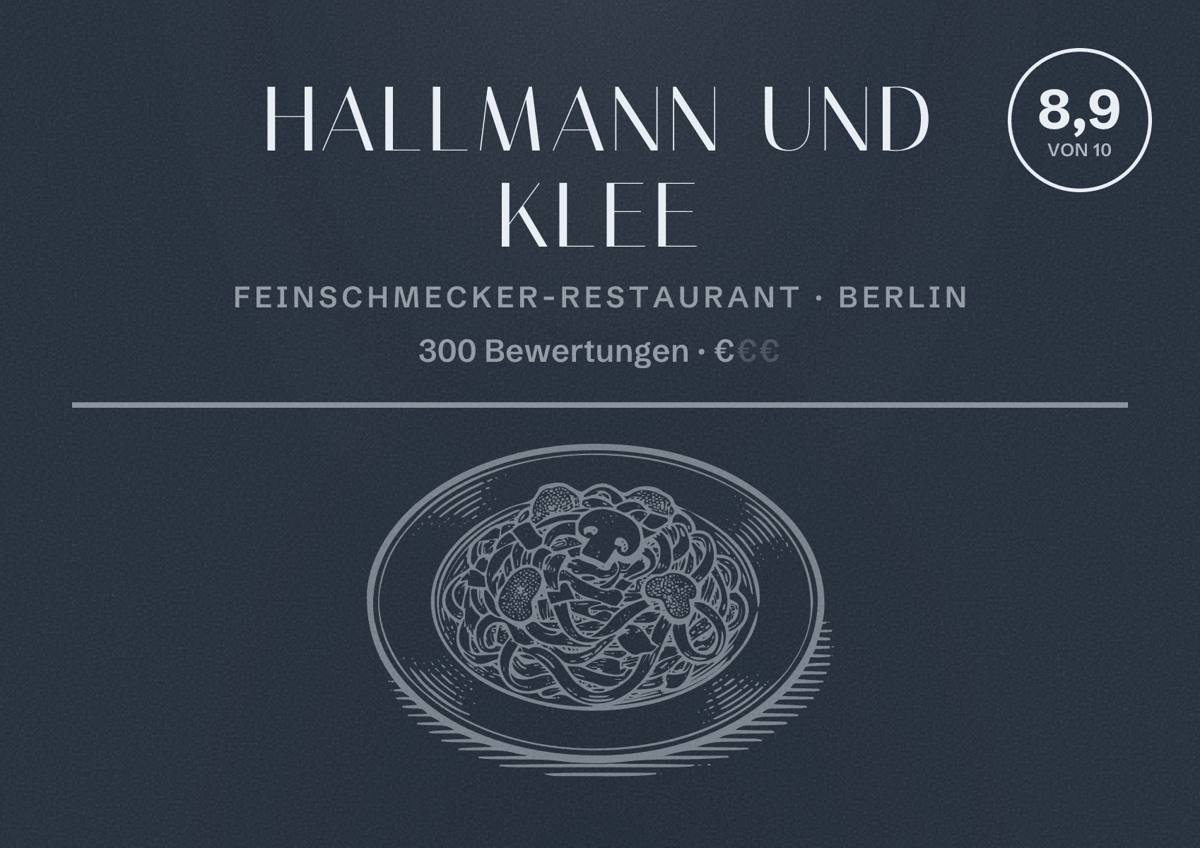 Illustriertes Poster von Hallmann und Klee, Feinschmecker-Restaurant in Berlin: Bewertung 8,9 von 10 aus 300 Bewertungen, Preisniveau €