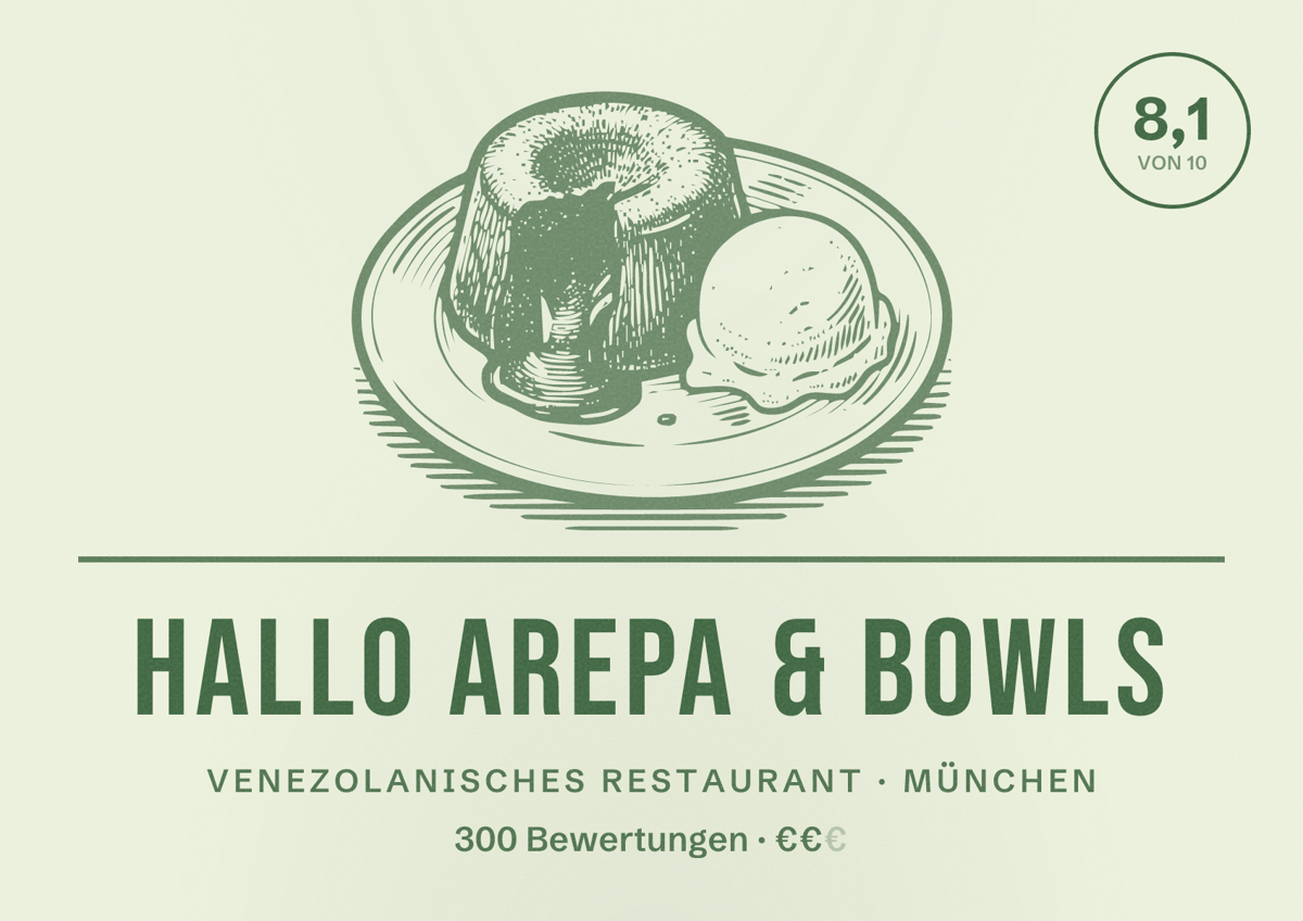 Illustriertes Poster von Hallo Arepa & Bowls, Venezolanisches Restaurant in München: Bewertung 8,1 von 10 aus 300 Bewertungen, Preisniveau €€