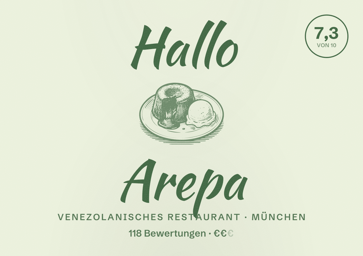 Illustriertes Poster von Hallo Arepa, Venezolanisches Restaurant in München: Bewertung 7,3 von 10 aus 118 Bewertungen, Preisniveau €€