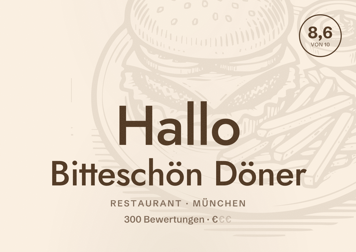 Illustriertes Poster von Hallo Bitteschön Döner, Restaurant in München: Bewertung 8,6 von 10 aus 300 Bewertungen, Preisniveau €
