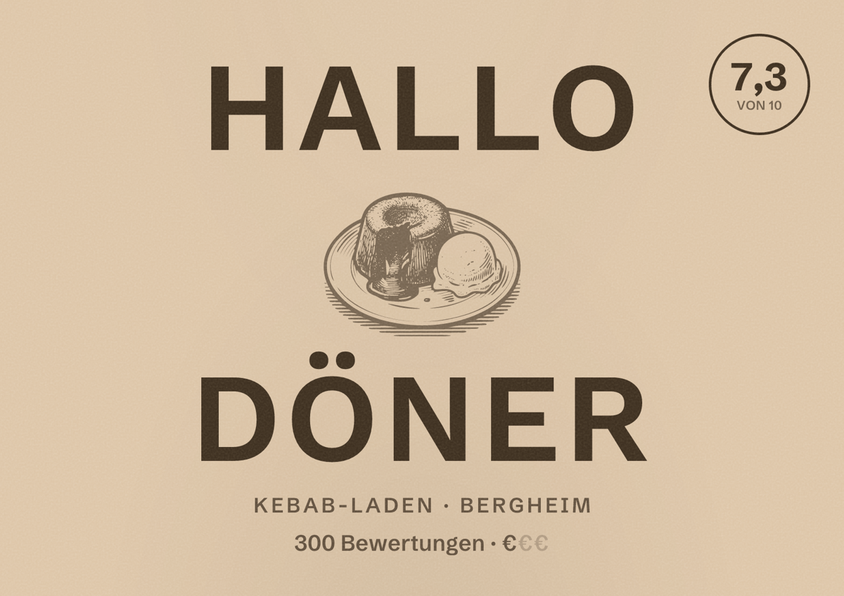 Illustriertes Poster von Hallo Döner, Kebab-Laden in Bergheim: Bewertung 7,3 von 10 aus 300 Bewertungen, Preisniveau €