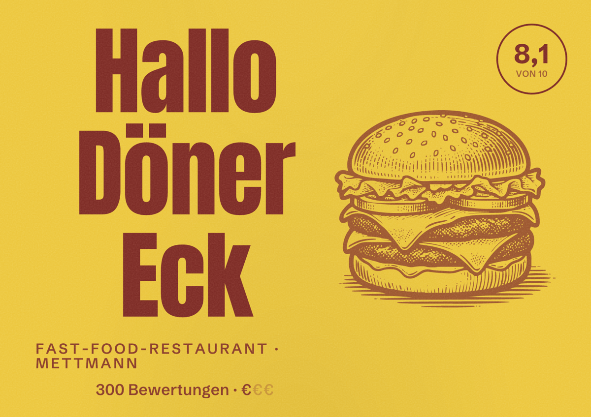 Illustriertes Poster von Hallo Döner Eck, Fast-Food-Restaurant in Mettmann: Bewertung 8,1 von 10 aus 300 Bewertungen, Preisniveau €