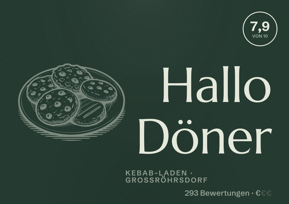 Illustriertes Poster von Hallo Döner, Kebab-Laden in Großröhrsdorf: Bewertung 7,9 von 10 aus 293 Bewertungen, Preisniveau €