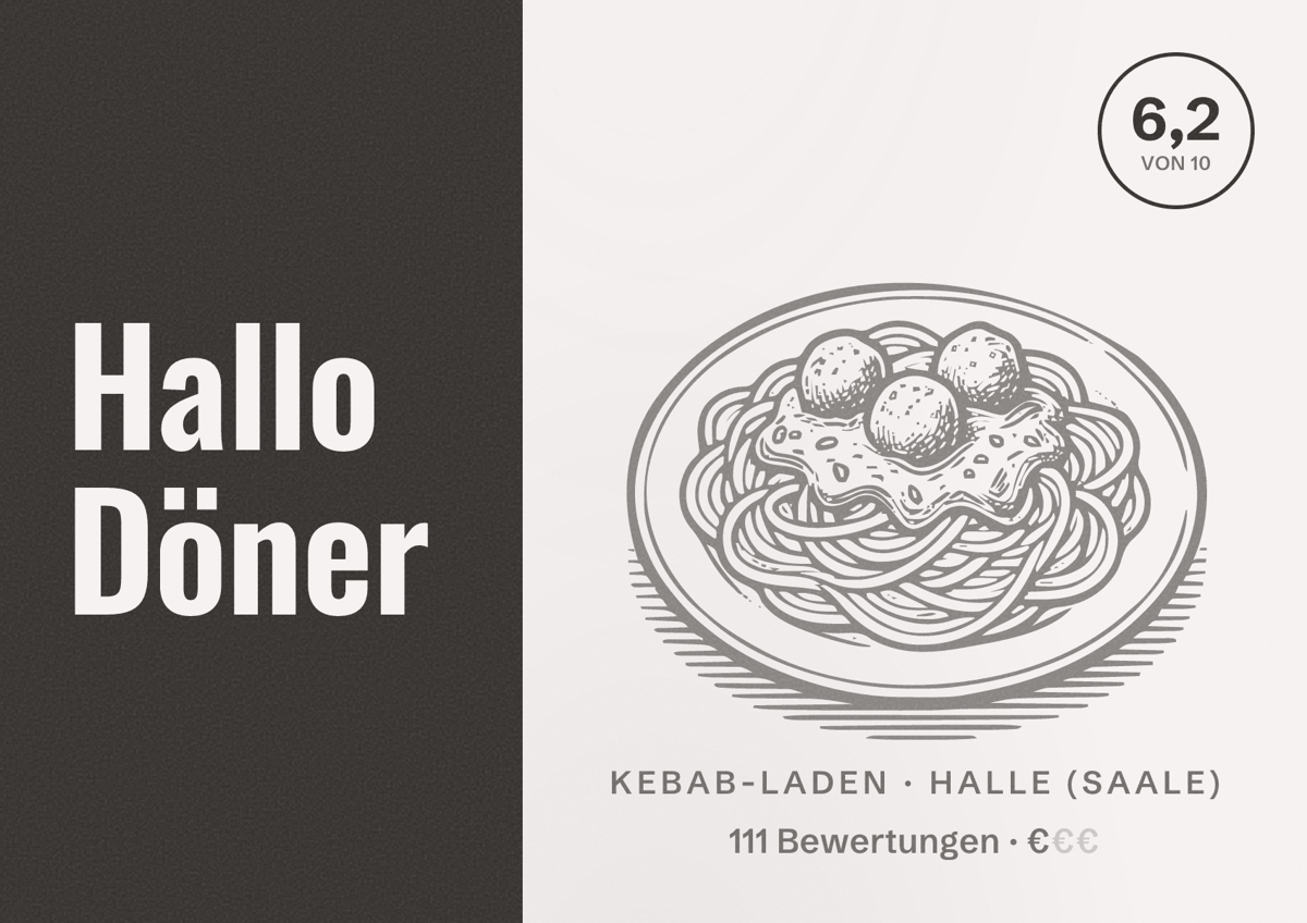 Illustriertes Poster von Hallo Döner, Kebab-Laden in Halle (Saale): Bewertung 6,2 von 10 aus 111 Bewertungen, Preisniveau €