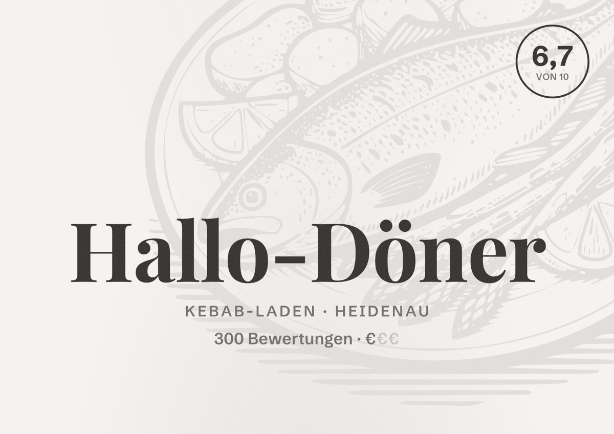Illustriertes Poster von Hallo-Döner, Kebab-Laden in Heidenau: Bewertung 6,7 von 10 aus 300 Bewertungen, Preisniveau €