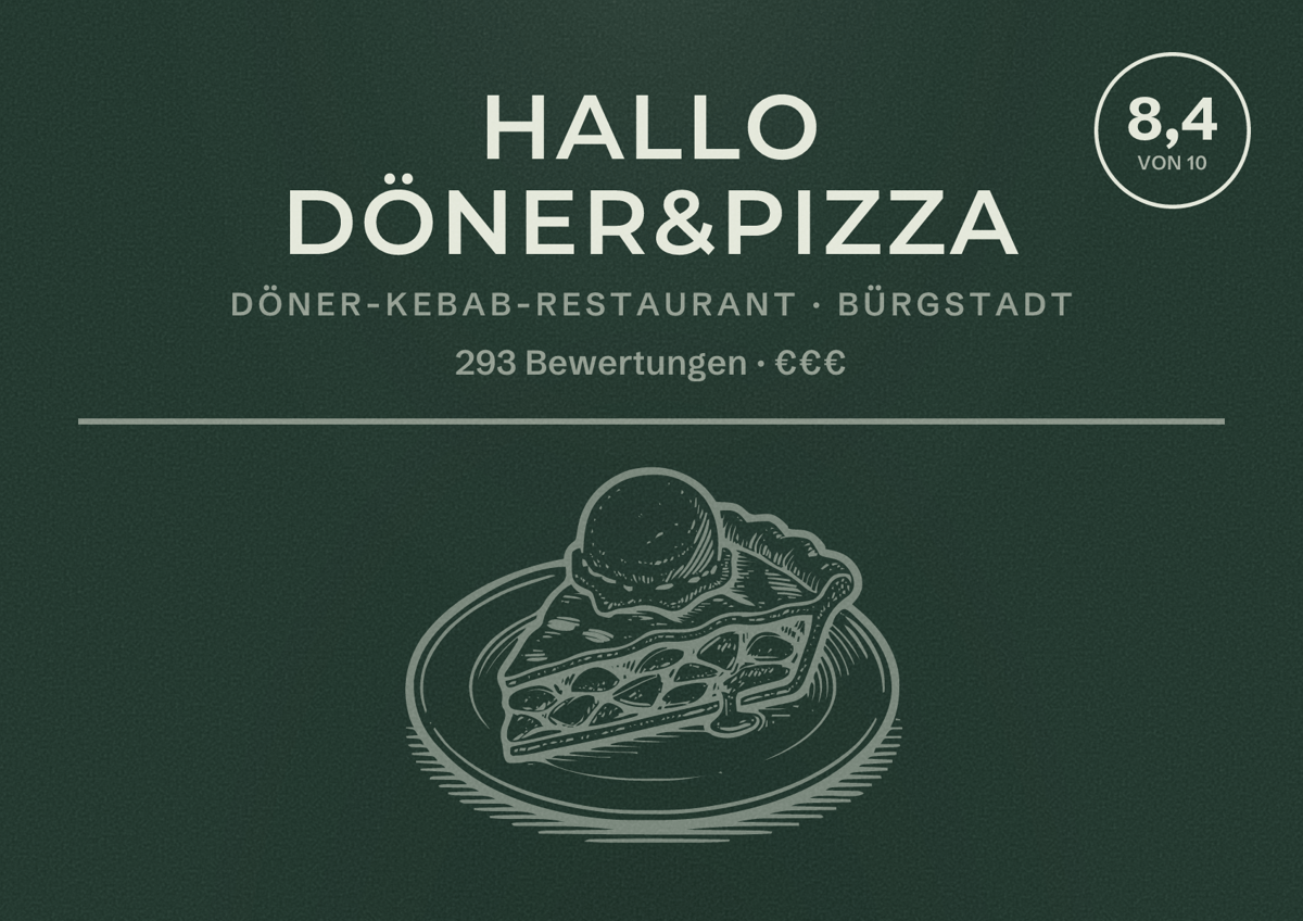 Illustriertes Poster von Hallo Döner&Pizza, Döner-Kebab-Restaurant in Bürgstadt: Bewertung 8,4 von 10 aus 293 Bewertungen, Preisniveau €€€