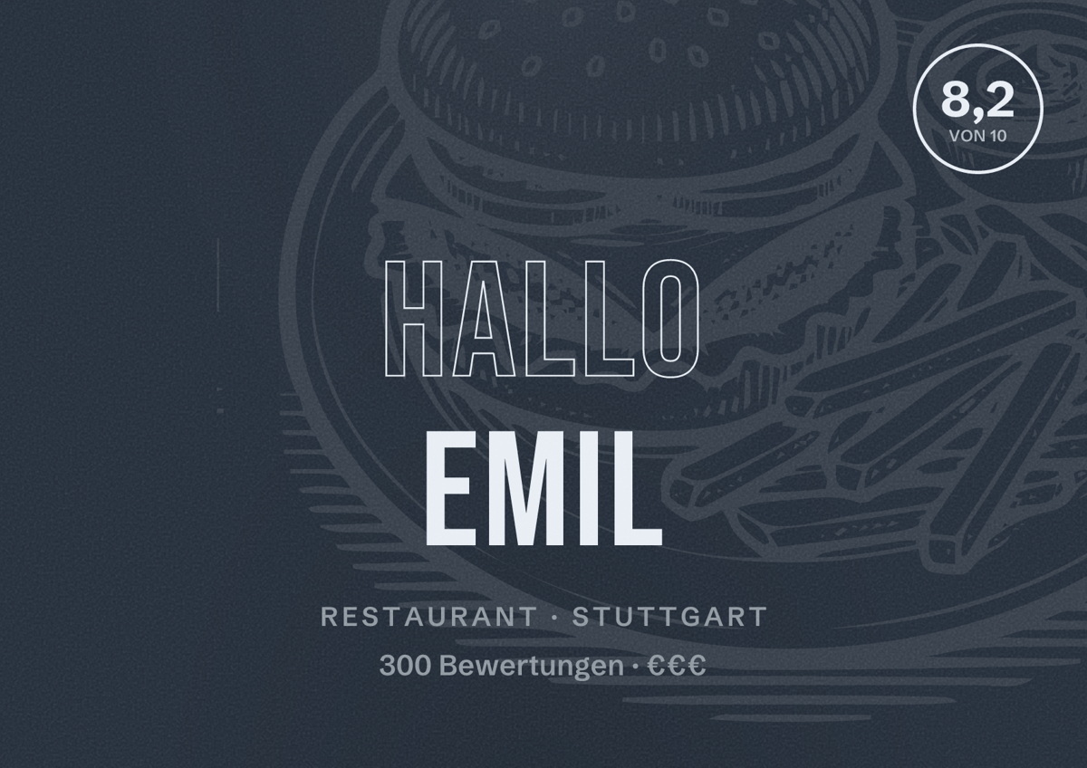 Illustriertes Poster von Hallo Emil, Restaurant in Stuttgart: Bewertung 8,2 von 10 aus 300 Bewertungen, Preisniveau €€€