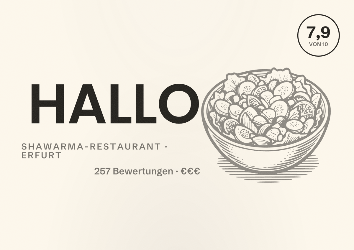 Illustriertes Poster von HALLO, Shawarma-Restaurant in Erfurt: Bewertung 7,9 von 10 aus 257 Bewertungen, Preisniveau €€€