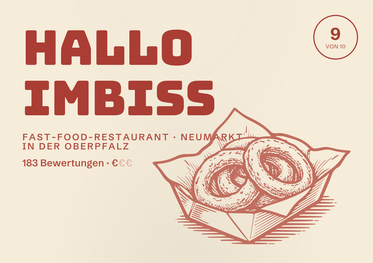 Illustriertes Poster von Hallo imbiss, Fast-Food-Restaurant in Neumarkt in der Oberpfalz: Bewertung 9 von 10 aus 183 Bewertungen, Preisniveau €