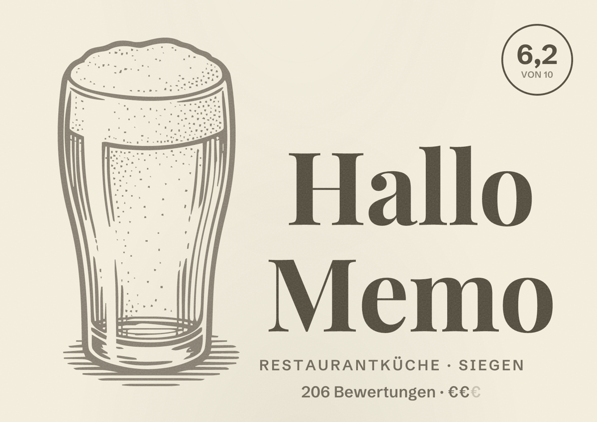 Illustriertes Poster von Hallo Memo, Restaurantküche in Siegen: Bewertung 6,2 von 10 aus 206 Bewertungen, Preisniveau €€