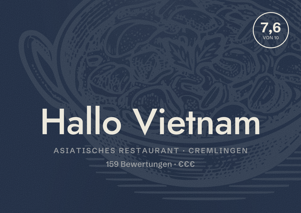 Illustriertes Poster von Hallo Vietnam, Asiatisches Restaurant in Cremlingen: Bewertung 7,6 von 10 aus 159 Bewertungen, Preisniveau €€€