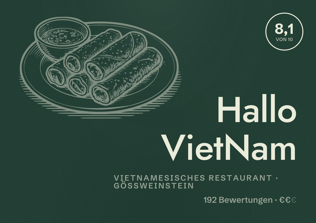 Illustriertes Poster von Hallo VietNam, Vietnamesisches Restaurant in Gößweinstein: Bewertung 8,1 von 10 aus 192 Bewertungen, Preisniveau €€