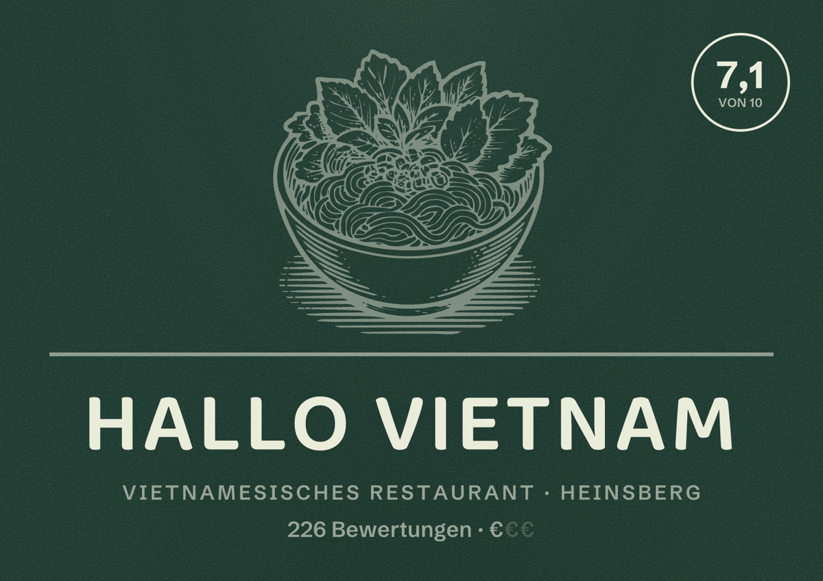 Illustriertes Poster von Hallo Vietnam, Vietnamesisches Restaurant in Heinsberg: Bewertung 7,1 von 10 aus 226 Bewertungen, Preisniveau €