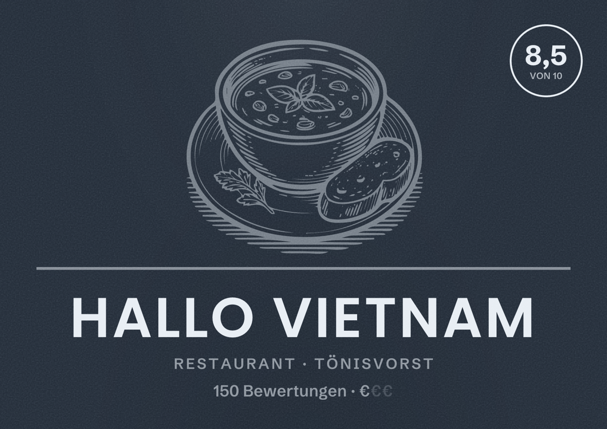 Illustriertes Poster von Hallo Vietnam, Restaurant in Tönisvorst: Bewertung 8,5 von 10 aus 150 Bewertungen, Preisniveau €