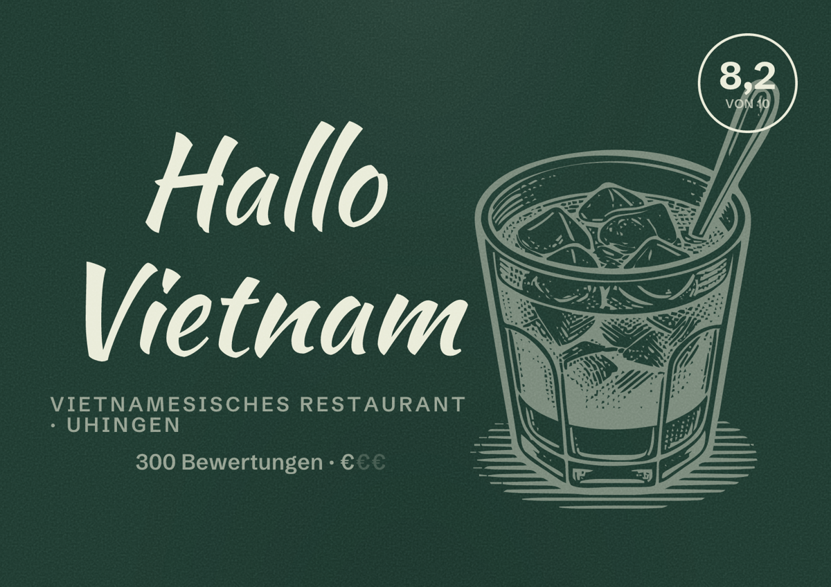 Illustriertes Poster von Hallo Vietnam, Vietnamesisches Restaurant in Uhingen: Bewertung 8,2 von 10 aus 300 Bewertungen, Preisniveau €