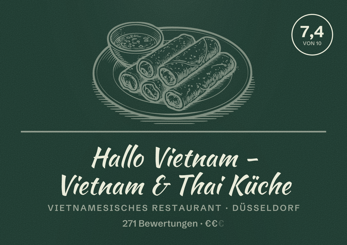 Illustriertes Poster von Hallo Vietnam - Vietnam & Thai Küche, Vietnamesisches Restaurant in Düsseldorf: Bewertung 7,4 von 10 aus 271 Bewertungen, Preisniveau €€