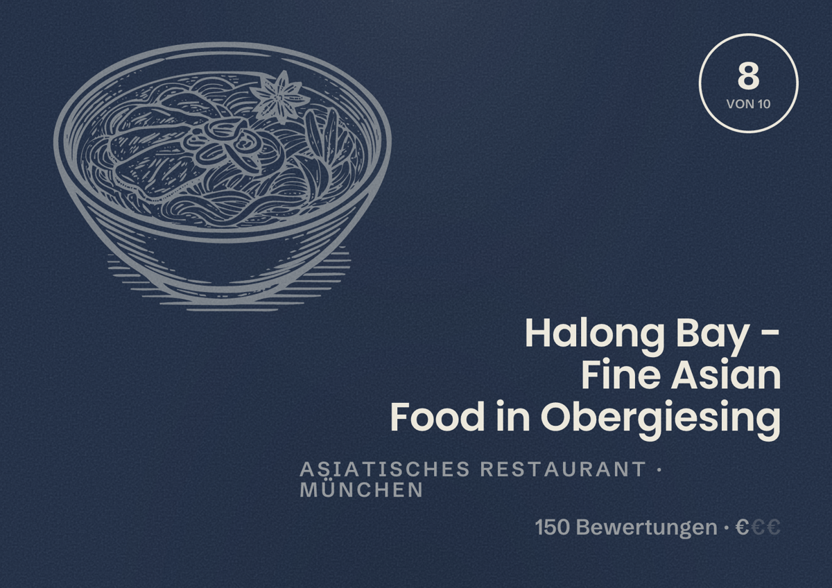 Illustriertes Poster von Halong Bay - Fine Asian Food in Obergiesing, Asiatisches Restaurant in München: Bewertung 8 von 10 aus 150 Bewertungen, Preisniveau €