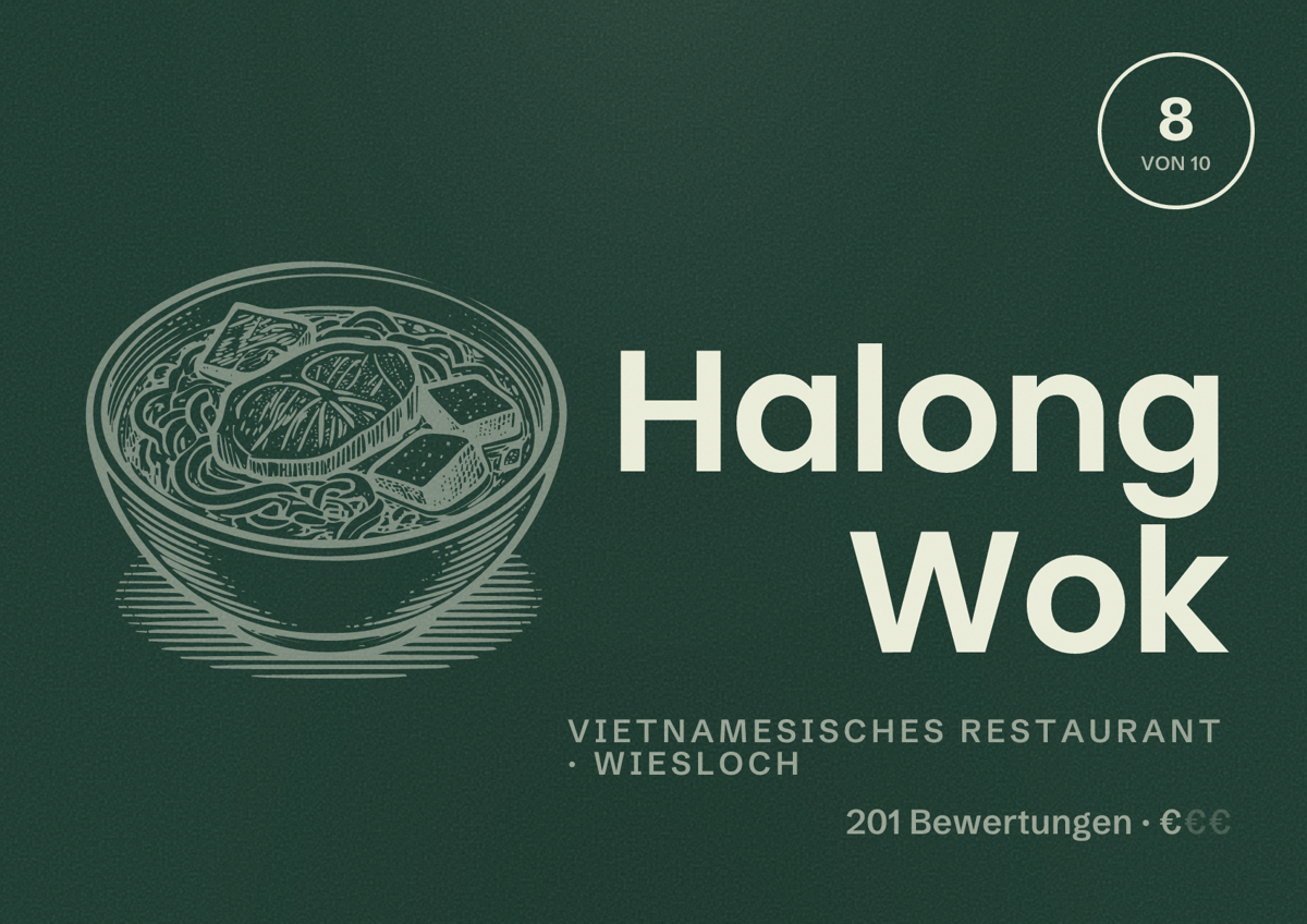 Illustriertes Poster von Halong Wok, Vietnamesisches Restaurant in Wiesloch: Bewertung 8 von 10 aus 201 Bewertungen, Preisniveau €
