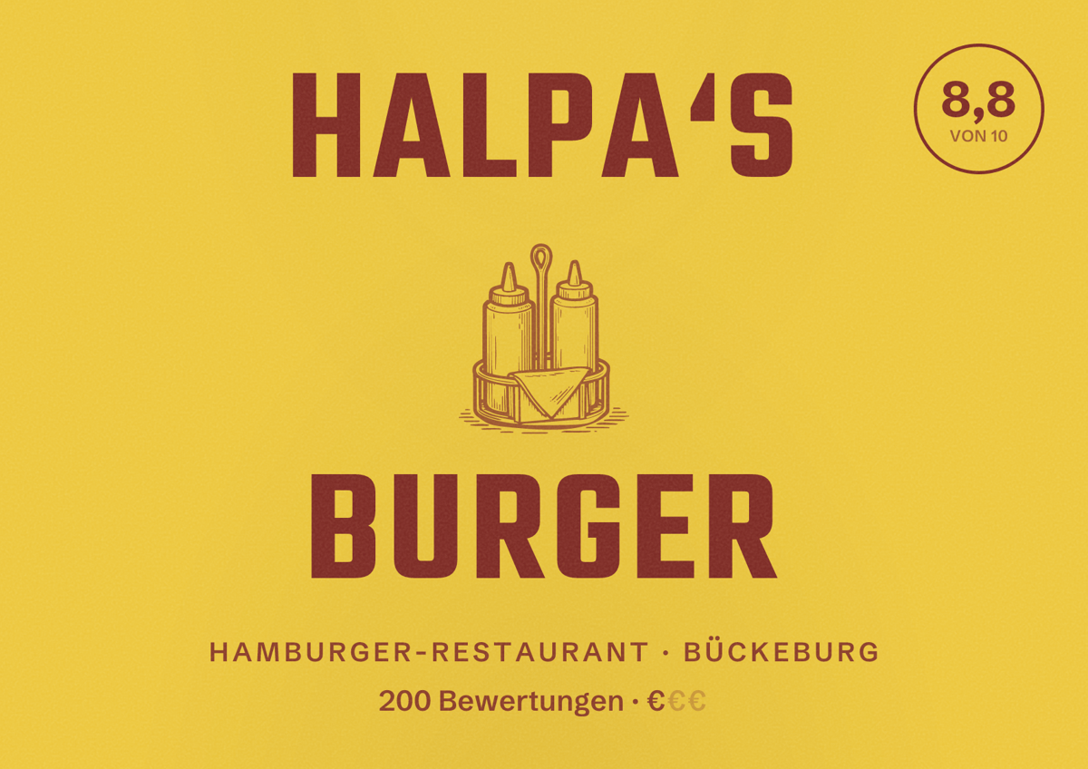 Illustriertes Poster von Halpa‘s Burger, Hamburger-Restaurant in Bückeburg: Bewertung 8,8 von 10 aus 200 Bewertungen, Preisniveau €