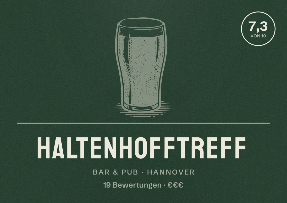 Illustriertes Poster von Haltenhofftreff, Bar & Pub in Hannover: Bewertung 7,3 von 10 aus 19 Bewertungen, Preisniveau €€€