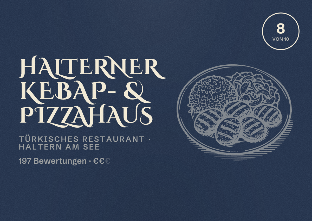 Illustriertes Poster von Halterner Kebap- & Pizzahaus, Türkisches Restaurant in Haltern am See: Bewertung 8 von 10 aus 197 Bewertungen, Preisniveau €€
