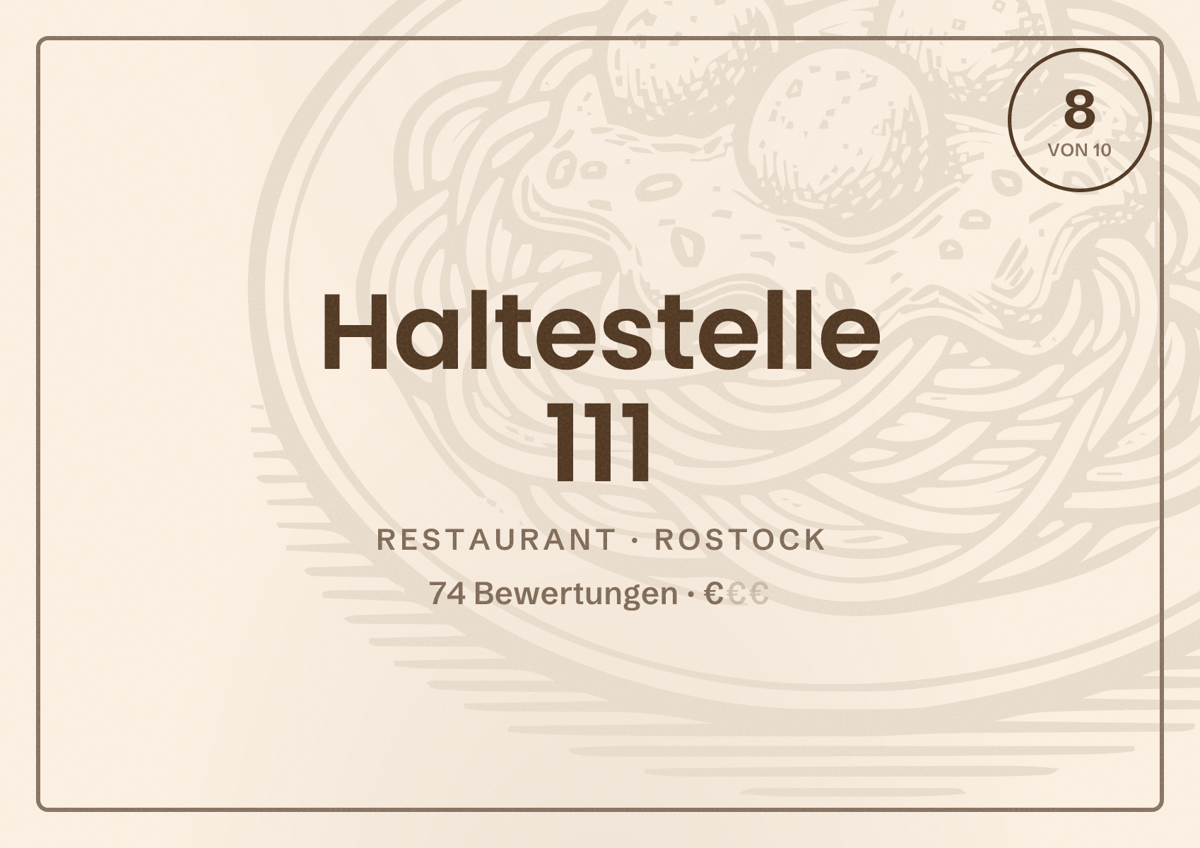 Illustriertes Poster von Haltestelle 111, Restaurant in Rostock: Bewertung 8 von 10 aus 74 Bewertungen, Preisniveau €