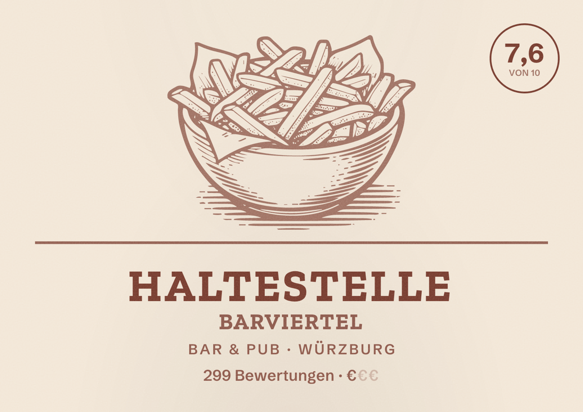 Illustriertes Poster von Haltestelle Barviertel, Bar & Pub in Würzburg: Bewertung 7,6 von 10 aus 299 Bewertungen, Preisniveau €
