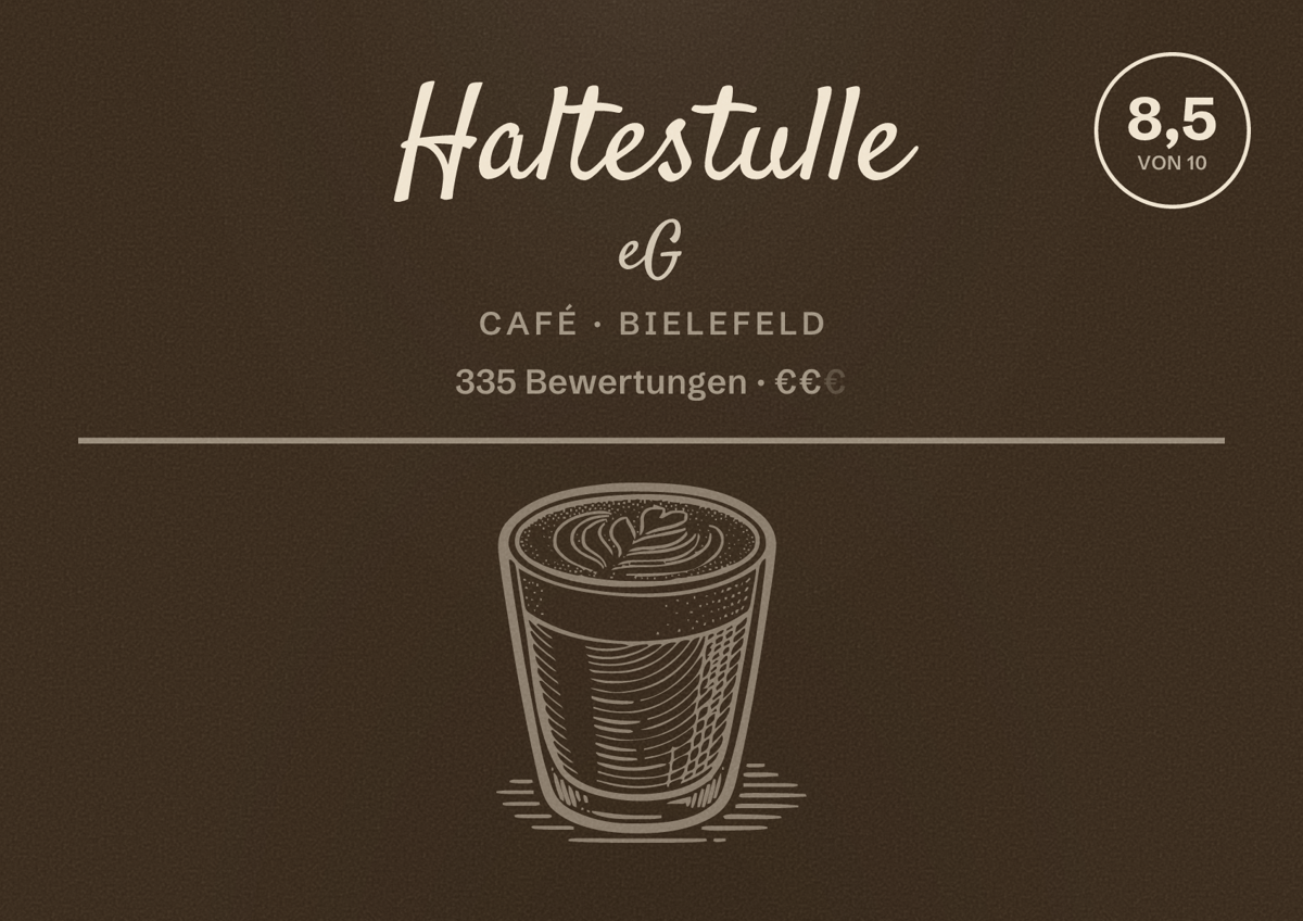 Illustriertes Poster von Haltestulle eG, Café in Bielefeld: Bewertung 8,5 von 10 aus 335 Bewertungen, Preisniveau €€