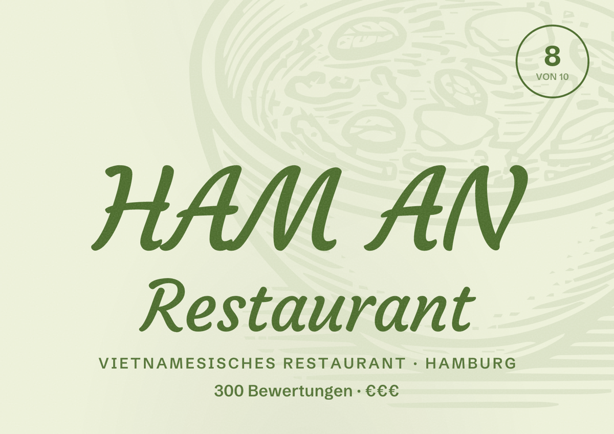 Illustriertes Poster von HAM AN Restaurant, Vietnamesisches Restaurant in Hamburg: Bewertung 8,0 von 10 aus 300 Bewertungen, Preisniveau €€€