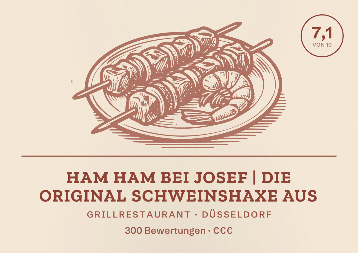 Illustriertes Poster von Ham Ham bei Josef | Die Original Schweinshaxe aus, Grillrestaurant in Düsseldorf: Bewertung 7,1 von 10 aus 300 Bewertungen, Preisniveau €€€