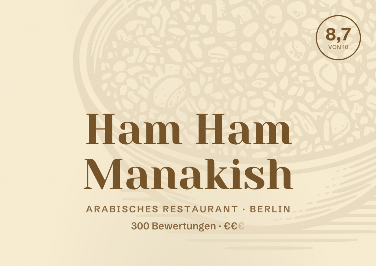 Illustriertes Poster von Ham Ham Manakish, Arabisches Restaurant in Berlin: Bewertung 8,7 von 10 aus 300 Bewertungen, Preisniveau €€