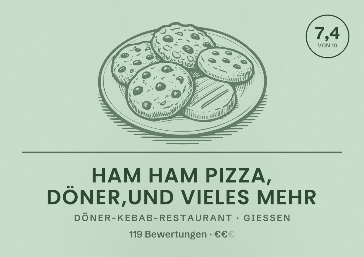 Illustriertes Poster von Ham Ham Pizza, Döner,Und Vieles Mehr, Döner-Kebab-Restaurant in Gießen: Bewertung 7,4 von 10 aus 119 Bewertungen, Preisniveau €€