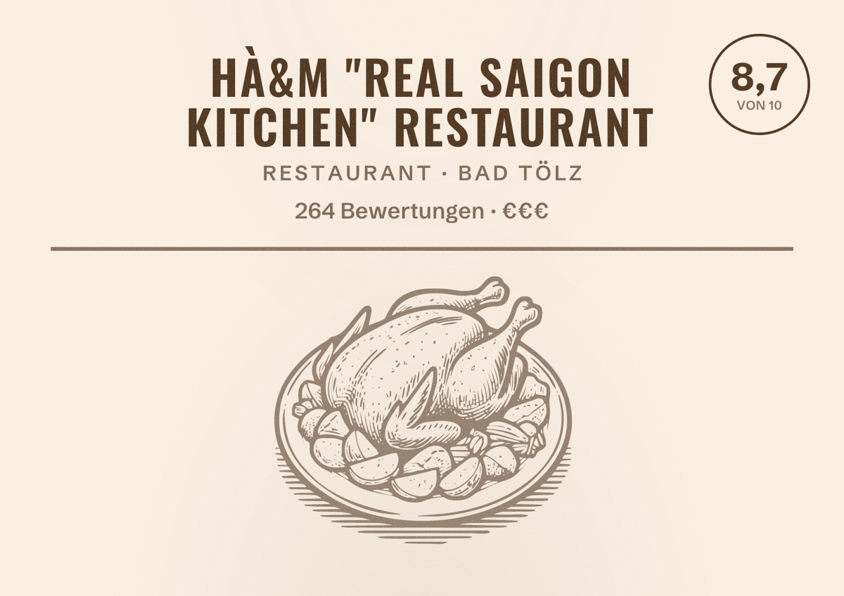 Illustriertes Poster von Hà&M "Real Saigon Kitchen" Restaurant, Restaurant in Bad Tölz: Bewertung 8,7 von 10 aus 264 Bewertungen, Preisniveau €€€