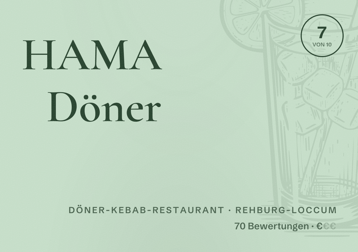 Illustriertes Poster von HAMA Döner, Döner-Kebab-Restaurant in Rehburg-Loccum: Bewertung 7 von 10 aus 70 Bewertungen, Preisniveau €