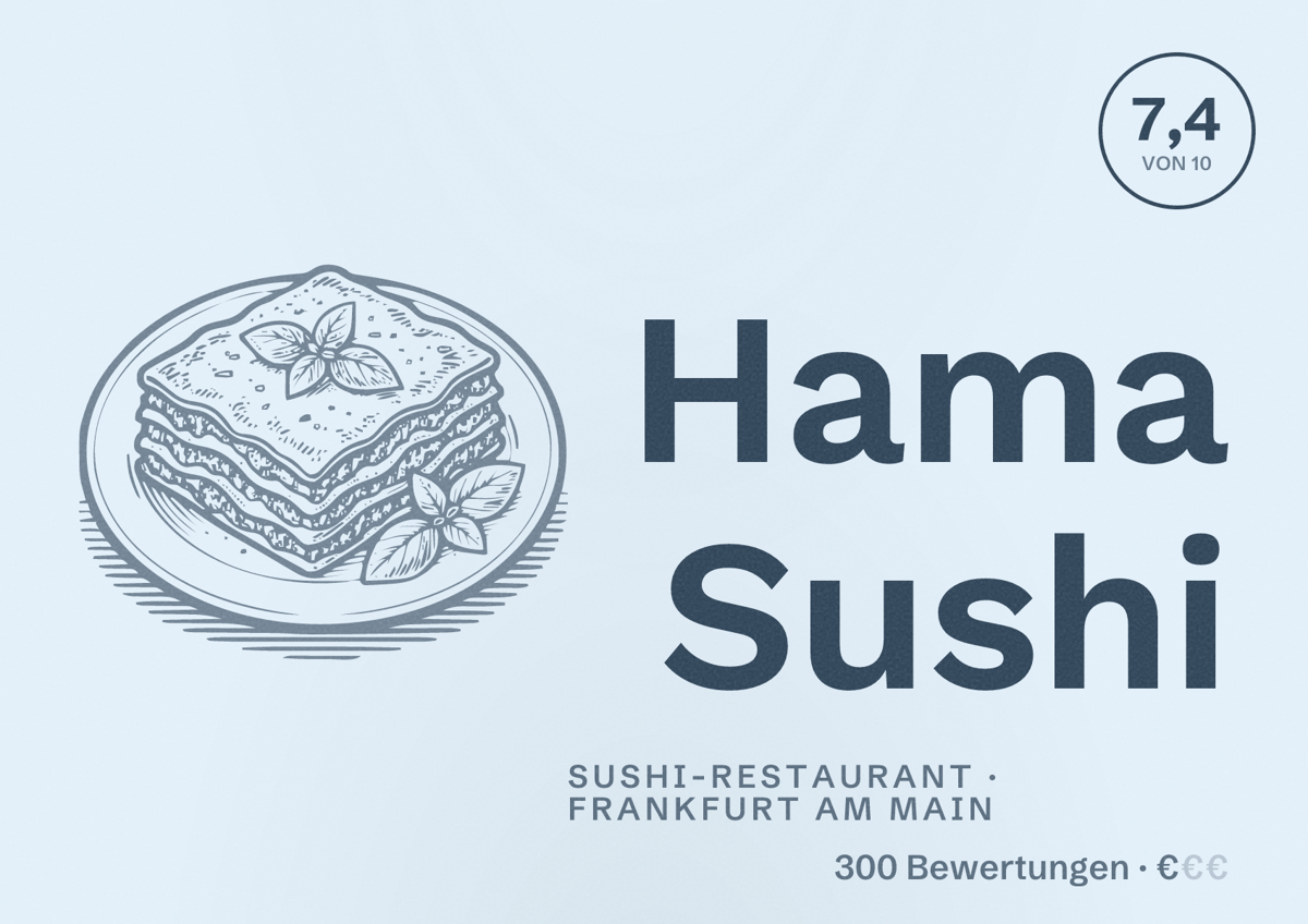 Illustriertes Poster von Hama Sushi, Sushi-Restaurant in Frankfurt am Main: Bewertung 7,4 von 10 aus 300 Bewertungen, Preisniveau €