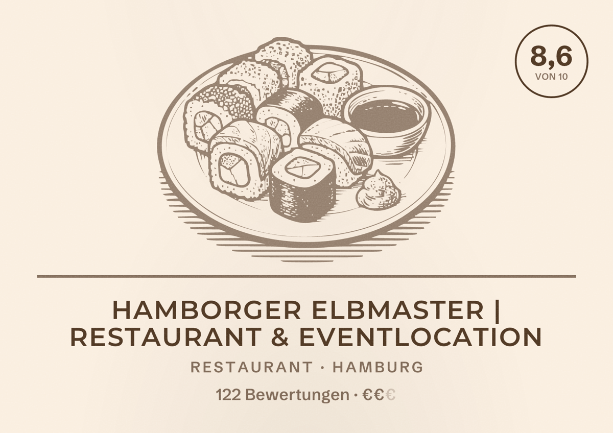 Illustriertes Poster von Hamborger Elbmaster | Restaurant & Eventlocation, Restaurant in Hamburg: Bewertung 8,6 von 10 aus 122 Bewertungen, Preisniveau €€