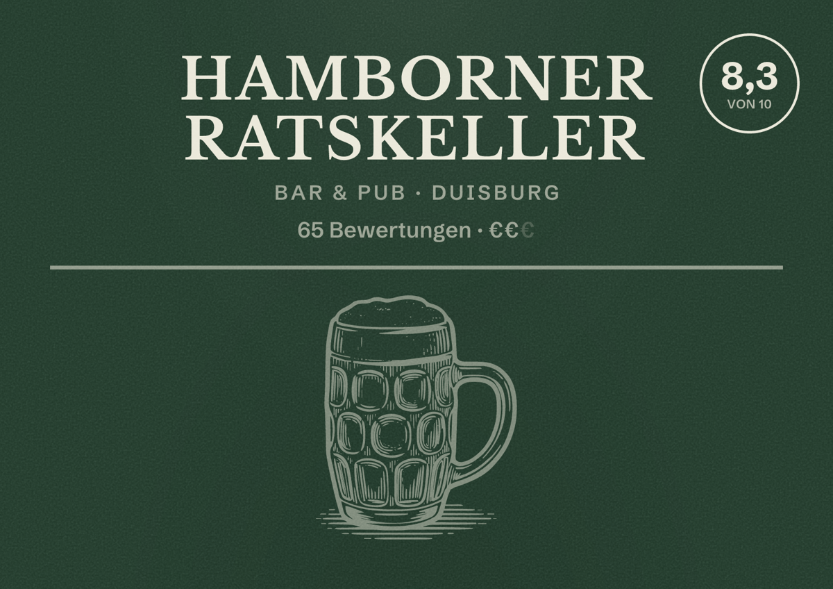 Illustriertes Poster von Hamborner Ratskeller, Bar & Pub in Duisburg: Bewertung 8,3 von 10 aus 65 Bewertungen, Preisniveau €€